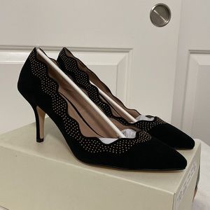 Anthropologie Scalloped Studded Black Suede Pumps 10